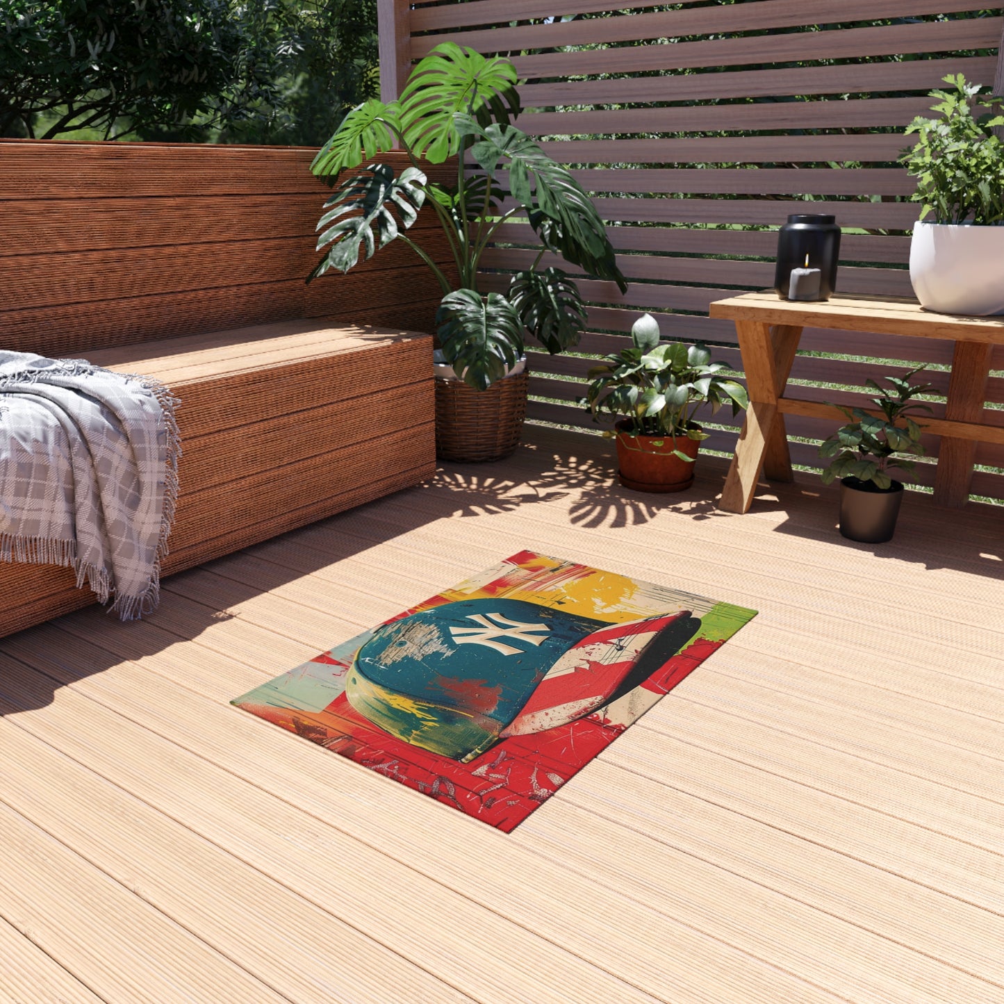 NY Baseball Cap Outdoor Rug — Colorful Graffiti Hat Patio Mat