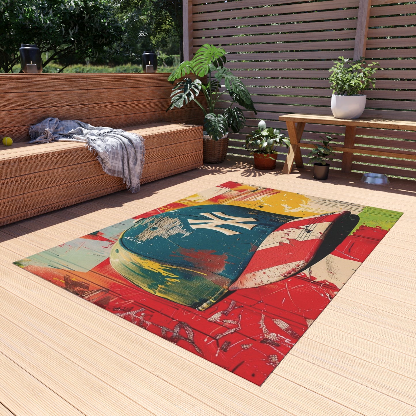 NY Baseball Cap Outdoor Rug — Colorful Graffiti Hat Patio Mat