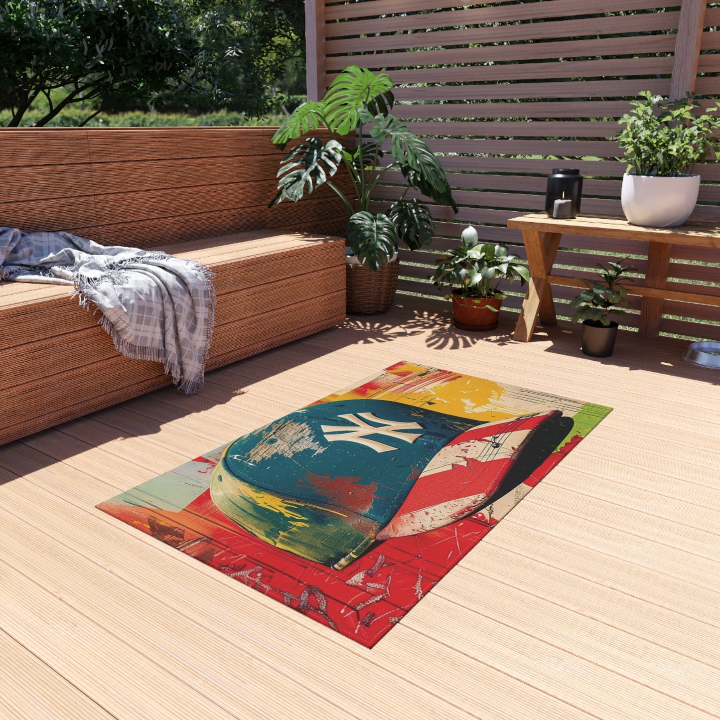 NY Baseball Cap Outdoor Rug — Colorful Graffiti Hat Patio Mat