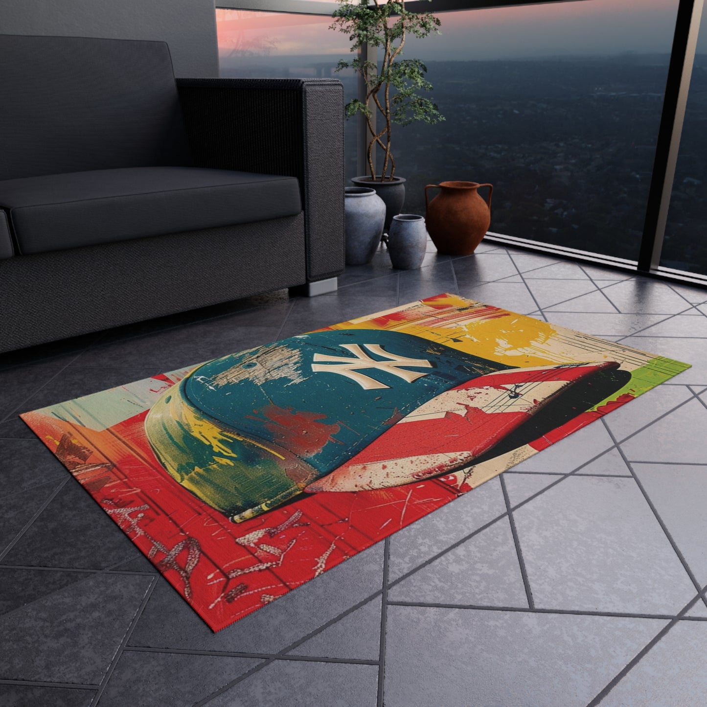 NY Baseball Cap Outdoor Rug — Colorful Graffiti Hat Patio Mat