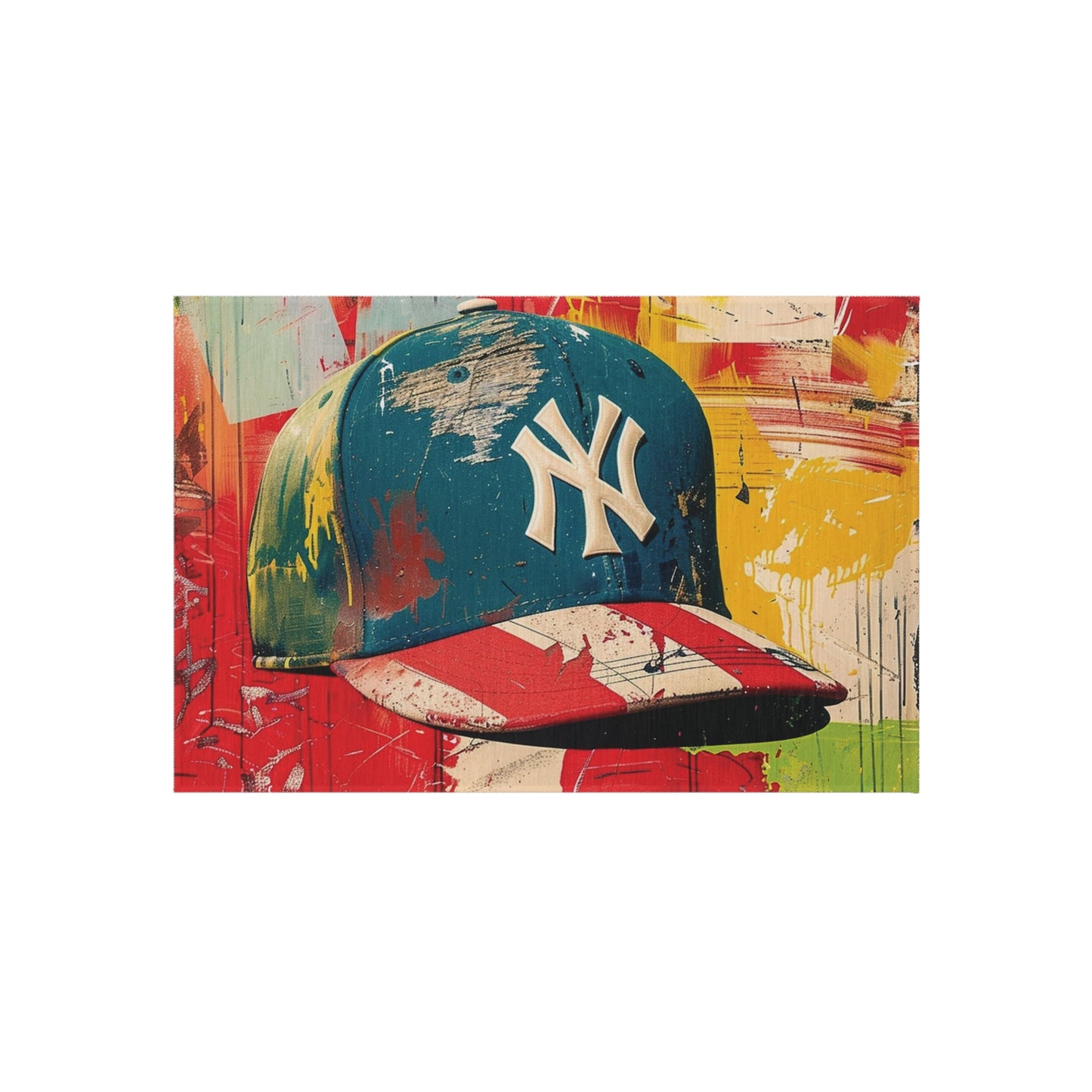 NY Baseball Cap Outdoor Rug — Colorful Graffiti Hat Patio Mat