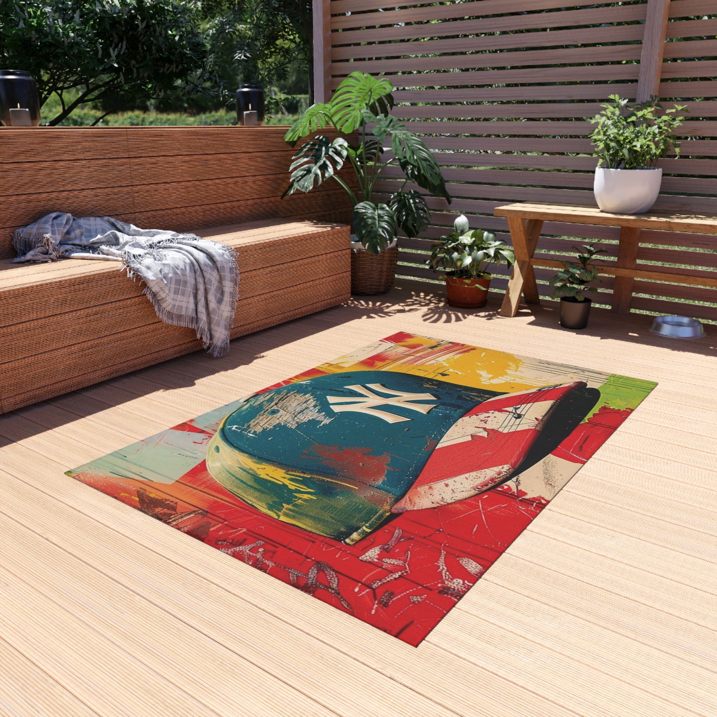 NY Baseball Cap Outdoor Rug — Colorful Graffiti Hat Patio Mat
