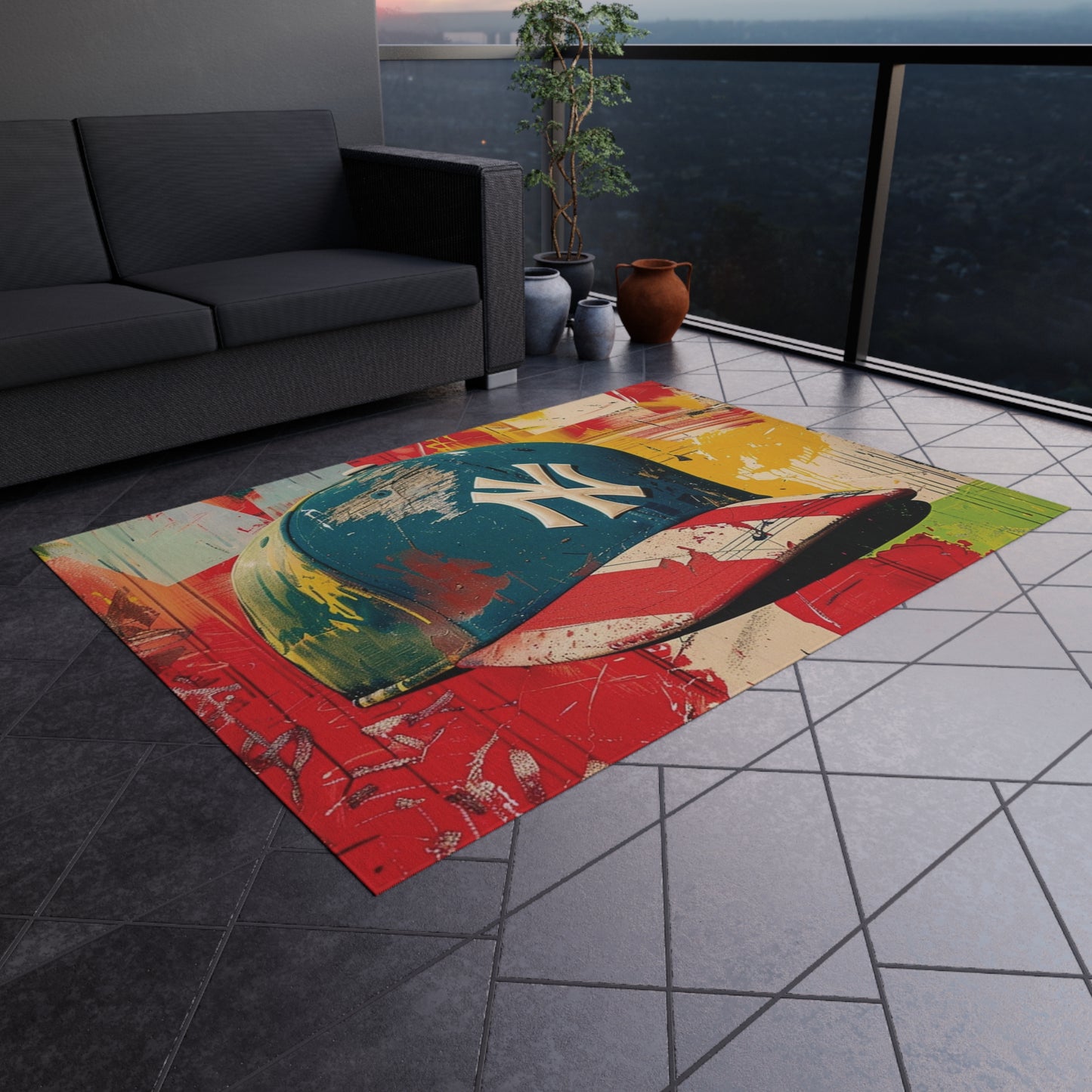 NY Baseball Cap Outdoor Rug — Colorful Graffiti Hat Patio Mat