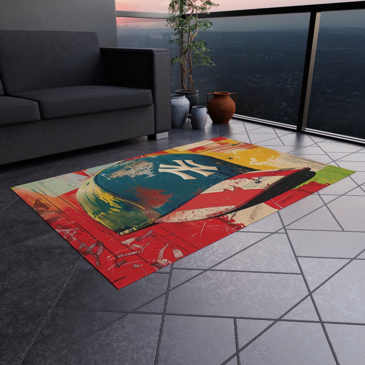 NY Baseball Cap Outdoor Rug — Colorful Graffiti Hat Patio Mat