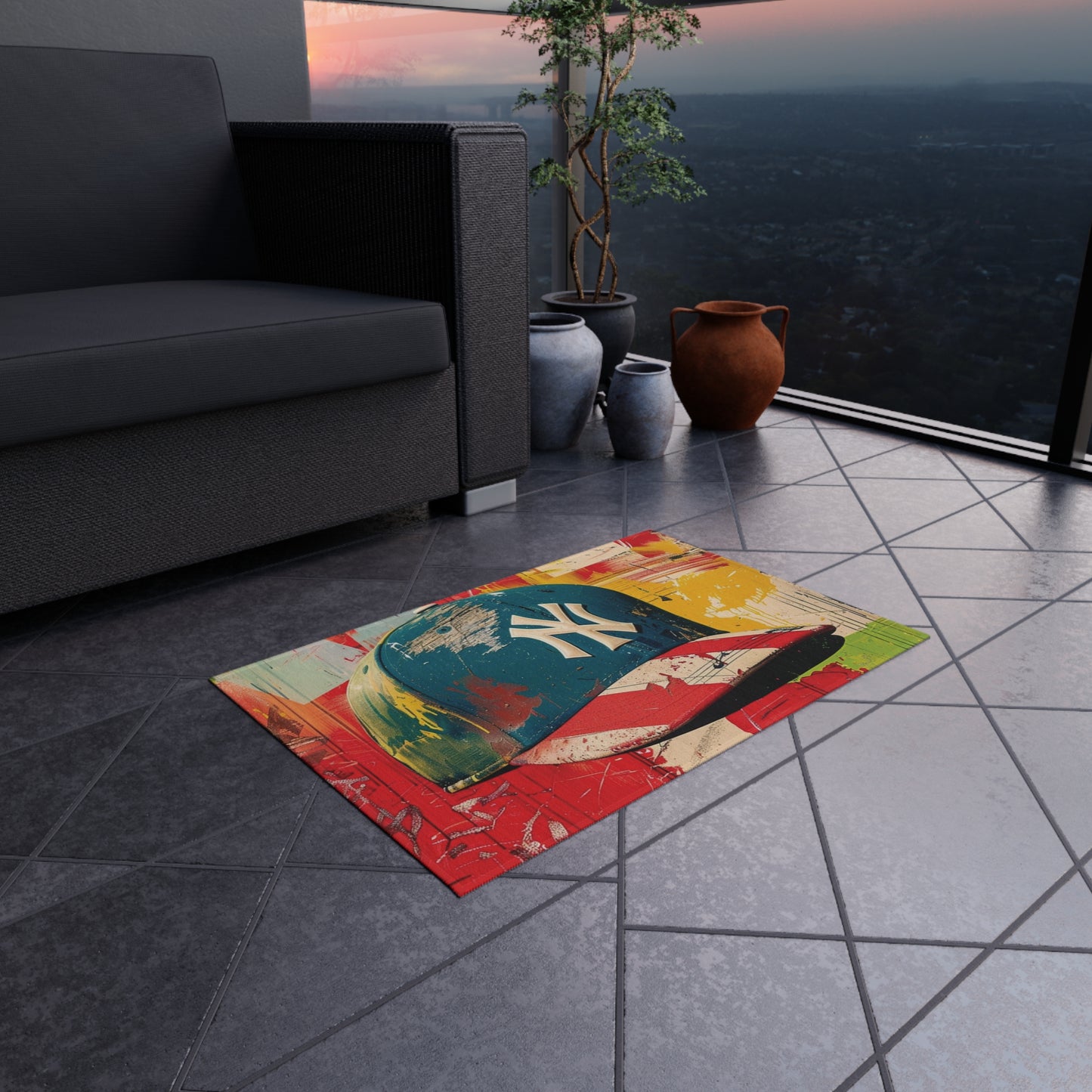 NY Baseball Cap Outdoor Rug — Colorful Graffiti Hat Patio Mat
